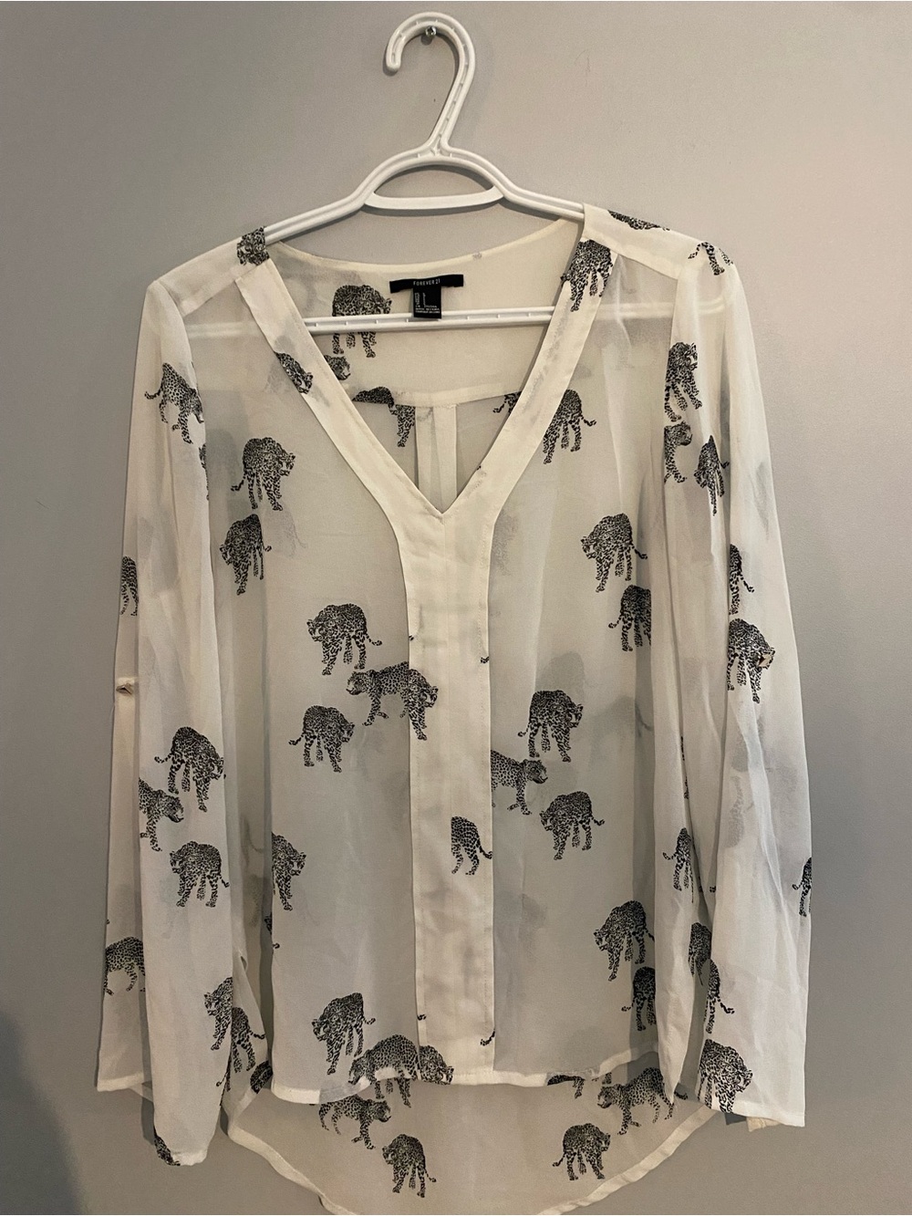 Forever 21 White Blouse with Black Leopard Motif